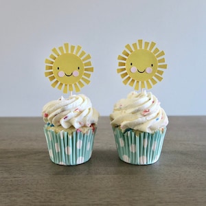 May include: Two white cupcakes with yellow and pink sprinkles topped with yellow paper sun toppers with smiling faces. The cupcakes are in blue and white polka dot liners.