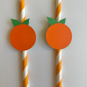 Peut inclure: Deux pailles en papier ray&eacute;es orange et blanc avec des cercles en papier orange et des feuilles en papier vert attach&eacute;s au sommet. Les cercles et les feuilles sont en forme d'orange.