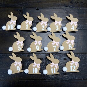 May include: Twelve brown bunny-shaped paper cutouts with pink bows and white numbers from 1 to 12 and "NB" on a dark wood background.