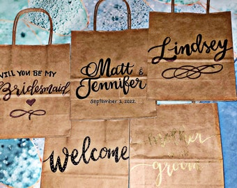 Custom Calligraphy Kraft Bags, Personalized, Welcome Bags, Bridesmaids Gifts, Wedding Favors, Party Bags, Gift Bags, Customize,
