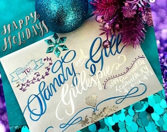Colorful, Unique, Fun and Festive Christmas Calligraphy Envelope Addressing - Customize, Stamped, Embossing