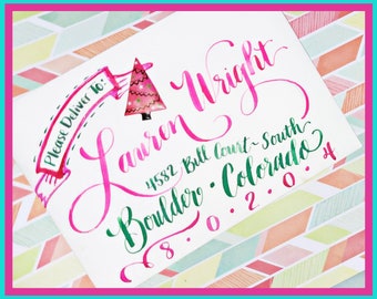 Colorful Christmas Calligraphy Envelope Addressing - Customize, Stamped, Embossing, Stickers, Flourishes