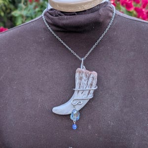 May include: A silver chain necklace with a pendant featuring a section of antler wrapped in silver wire. A faceted blue crystal and a small blue bead dangle from the antler. The antler is white and brown.