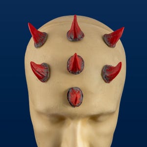 May include: A mannequin head with seven red plastic horns attached to the top. The horns are pointed and have a slightly textured surface.