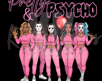 Pretty & Psycho digitaler Download | Pink Horror Squad Clipart | Halloween Mädchen PNG | Afro Frauen Horror Icons | Passendes Outfit druckbare Kunst