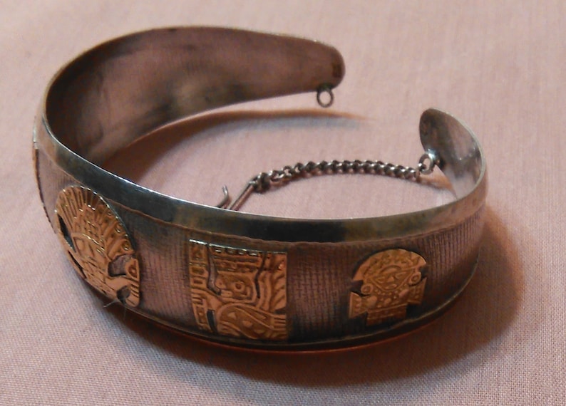 18 Karat Gold And Sterling Silver Ladies Peruvian Viracocha Cuff Bracelet