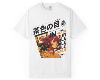 Brown-Eyed Girl Illustration T-Shirt | Anime Style Portrait, Japanese Text