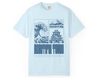 Vintage-Style Tokyo Illustration T-Shirt | Japanese Wave, Mount Fuji, Castle Print