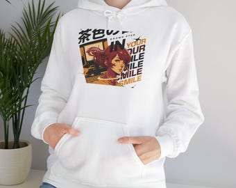 Retro Anime Graphic Hoodie, Tee, & Sticker  — 'Brown Eyes In Your Smile' Design