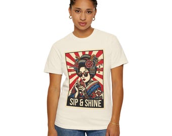 Sip & Shine Geisha Art T-shirt | Retro Japanese Poster Style