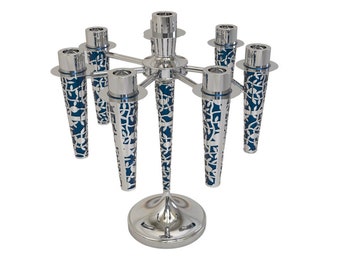 Leaf Patterns Candelabra from Sterling Silver and Blue Enamel