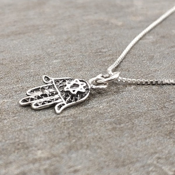 Sterling Silver Hamsa Necklace with Star of David Textured in Tradition Filigree Technique