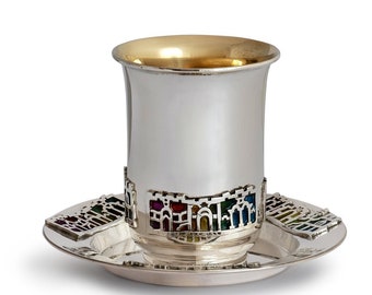 Unique Colorful 925 Sterling Silver Kiddush Cup Decorated with Enameled Jerusalem Pattern - Modern Judaica Art