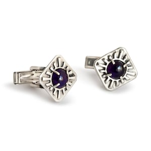 Vintage Square Shape Cufflinks Texture Design made of 925 Sterling Silver with Purple Amethyst Stones, Mens Gift for Groom - Made in Israel