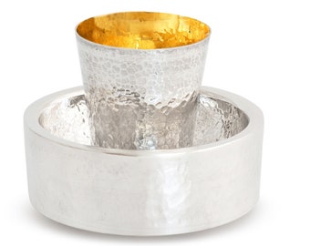 Modern Kiddush Cup with Matching Plate Made of 925 Sterling Silver with Hammered Finish