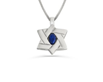 Sterling Silver Star of David Pendant Necklace with Blue Lapis Stone