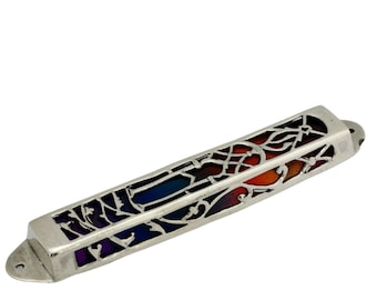 Stunning Colorful Mezuzah Case made of Sterling silver with cold enamel colors, Cut out design, Rectangular Mezuzah, New House Judaica gift