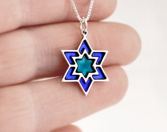 Stunning Petite Blue Star of David Necklace Crafted in Sterling Silver with Cold Enamel