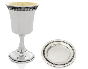 Classic & Delicate Personalized 925 Sterling Silver Kiddush Cup  with Filigree Rim - Jewish Wedding Gift