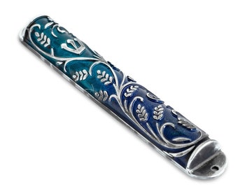 Blue and Turquoise Mezuzah Case Silver look, 10 cm parchment, Nature-Inspired Design, Weather Resistant, Jewish Housewarming Gift, Nadav Art