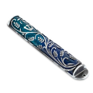 Blue and Turquoise Mezuzah Case Silver look, 10 cm parchment, Nature-Inspired Design, Weather Resistant, Jewish Housewarming Gift, Nadav Art