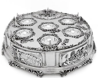 One-of-a-kind Traditional Seder Plate Made of 925 Sterling Silver - Unique Passover Collectors Showpiece Decorated with Exodus Story Motifs