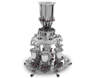 Amethyst Stones Sterling Silver Wine Fountain  - Shabbat Kiddush Cup Set