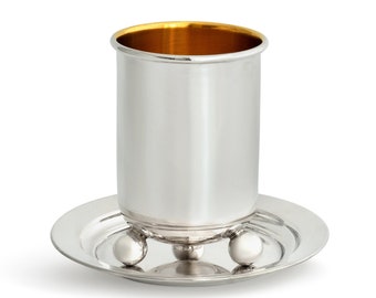 Sterling Silver Kiddush Cup with three balls legs, Cup and plate set, Israeli Judaica gift, Avi Nadav, Round shape