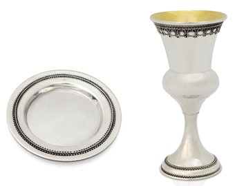 Personalized Name Kiddush Cup Made of 925 Sterling Silver with Matching Plate - Sabbath Judaica Gift