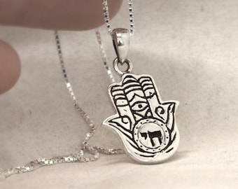 Mid-size 925 Sterling Silver Hamsa Necklace with Hebrew Word Chai