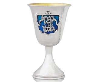 Sterling Silver Kiddush Cup with a leg, made with Custom Enamel Colors, Hebrew enameled words -Bore Pri Hagefen, Modern Judaica gift