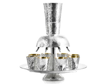 Personalized 925 Sterling Silver Wine Fountain With Hammered Finish - Unique Shabbat Kiddush Cup Set