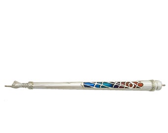 Personalized Large 925 Sterling Silver Torah Pointer with Custom Enamel Colors Background - Jewish Bar Mitzvah Gift