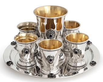 Unique 925 Sterling Silver Kiddush Cup and Small Liqueur Cups Set with Amethyst Stones - Beautiful Wedding Gift