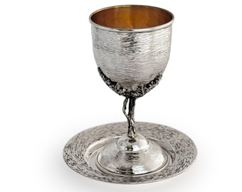 Nature Inspired 925 Sterling Silver Wave Hammered Kiddush Cup with Unique Stem & Leaf Design - Modernly Sabbath Judaica Jewish Wedding Gift