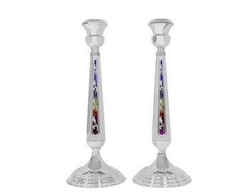 Extra Large 925 Sterling Silver Candlesticks with Colorful Enamel - Traditional & Modern Judaica Design
