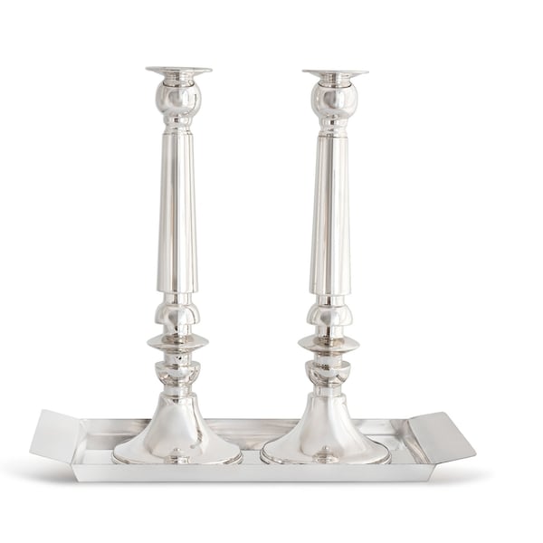 Large 925 Sterling Silver Smooth Candlesticks Tray -  Shabbat Judaica