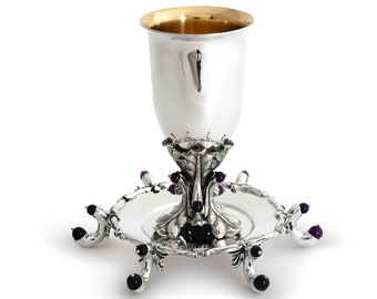 Stones Sterling Silver Wine Cup with Matching Plate and Natural Amethyst Stones - Unique Jewish Wedding Gift