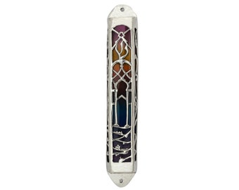 Mid- Size Colorful Mezuzah Case made of Sterling silver with cold enamel colors, Cut out design, Rectangular Mezuzah, New House Judaica gift
