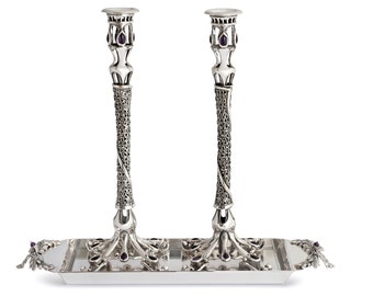 Exclusive Sterling Silver Candlesticks with Amethyst Stones & Sabbath Blessing