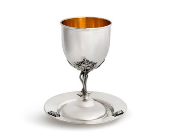 Silver Kiddush Cup and Plate With Leaf design made of 925 Sterling Silver Kiddush Cup & Matching Plate Set Nature Inspired
