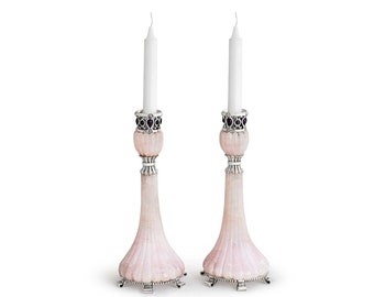 Large 925 Sterling Silver & Onyx Stone Candlesticks With Natural Amethyst Stones - Modern Judaica Stunning Homeware