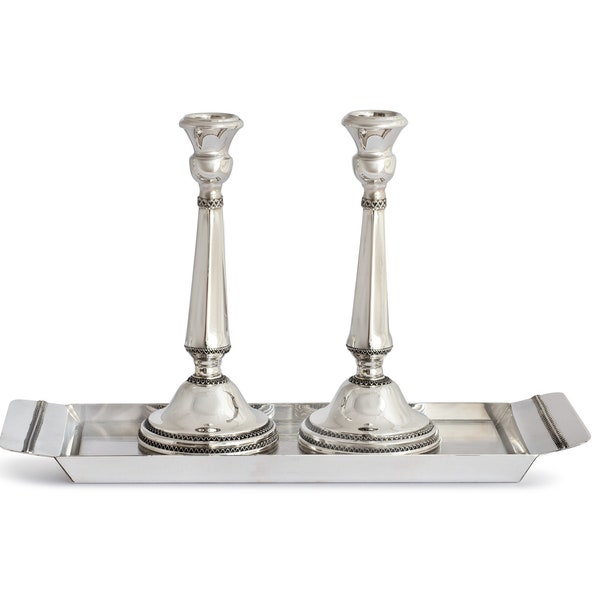 Traditional Octagon Shaped 925 Sterling Silver Candlesticks with Filigree Rim - Classic Judaica