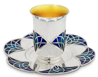 Stunning One-of-a-Kind Kiddush cup Set Sterling Silver Colorful Enamel Kiddush Cup  with Matching Plate - Unique Wedding Gift