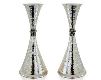 Unique Hammered Sterling Silver Candlesticks with Natural Amethyst Stones  - Modern Judaica Shabbat Candle Holders