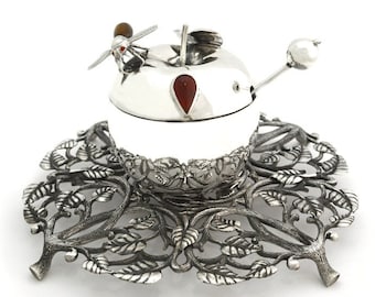 One-of-a-Kind 925 Sterling Silver Honey Dish with Branch Designed Plate and Semi Precious Stones - Judaica Holiday Gift