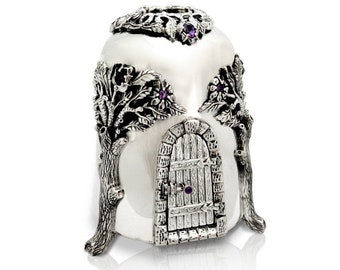 Special  Sterling Silver Tzedakah Box Stunning House Shaped Charity Box with 12 Natural Amethyst Stones  - Unique Judaica Showpiece