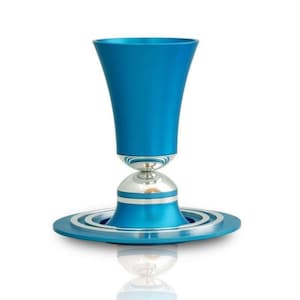 Modern Colorful Kiddush Cup & Matching Plate Set Made of Anodized Aluminum - Sabbath Jewish Gift