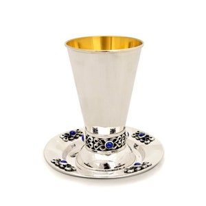 Klassieke bloemen 925 sterlingzilveren plaat met natuurlijke lapis lazuli-stenen - Uniek judaica-cadeau