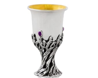 Extraordinary 925 Sterling Silver Kiddush Cup - Branch Design with Natural Amethyst Stones - Jewish Kiddush Cup